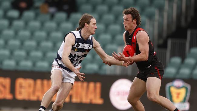 Michael Blackburn Lauderdale and Fletcher Bennett North Launceston. TSL grand final 2024 - North Launceston V Lauderdale. Picture: Nikki Davis-Jones