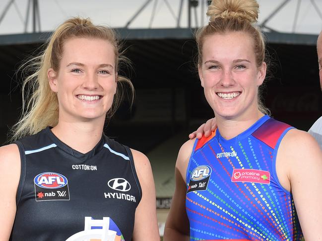 Former champion horse trainer Peter Moody, his wife Sarah and their twin daughters Breann and Celine who play AFLW. Breann (Carlton) and Celine (Bulldogs) face off for the first time when Carlton play Western Bulldogs on Sunday. Picture: Tony Gough