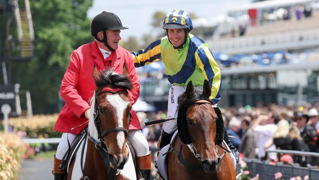 A delighted Damien Oliver returns to scale after winning aboard Kalapour in the Archer Stakes. Picture: George Sal/Racing Photos via Getty Images