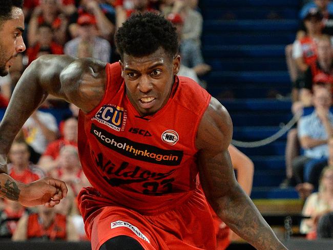 SPORT - Perth Wildcats v New Zealand Breakers, Perth Arena. Photo by Daniel Wilkins. PICTURED- Perth's Casey Prather tries to get past NZ Breakers Corey Webster