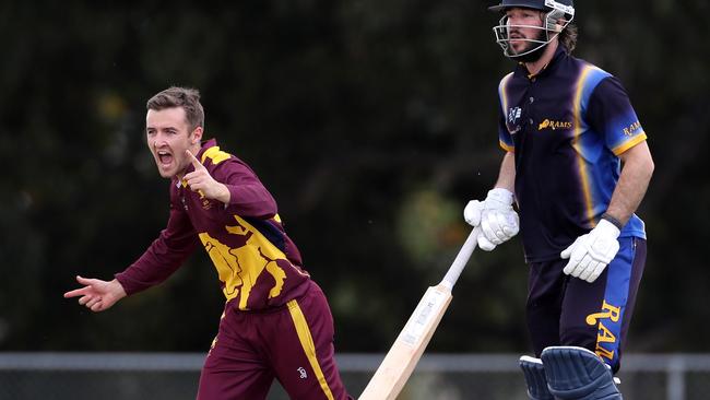 Fitzroy Doncaster’s Jack Rudd celebrates a wicket against Ringwood. Picture: Mark Dadswell