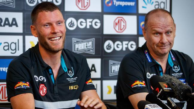 Brad Ebert announces his retirement with coach Ken Hinkley. Picture Matt Turner.