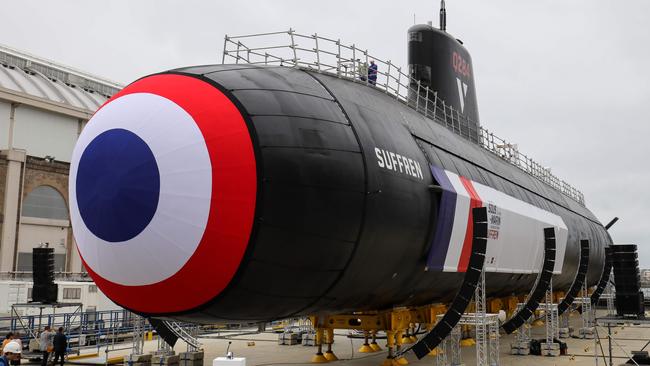 A submarine at the Naval Group shipyard in Cherbourg, France. Picture: AFP