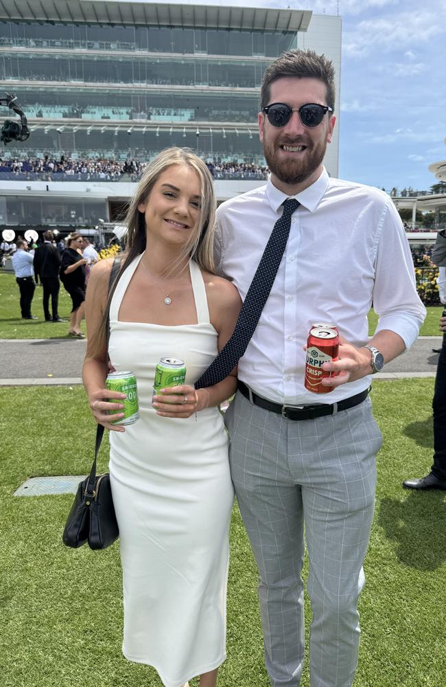 Paige Nuttall and Tom Hunt at Flemington for Derby Day on November 2, 2024. Picture: Phillippa Butt