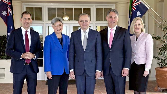 The new PM with his frontline team of Jim Chalmers, Penny Wong, Richard Marles and Katy Gallagher; Chalmers celebrates his win. Picture:NCA NewsWire / Andrew Taylor