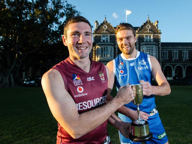 Old Collegians Adam Perryman from Prince Alfred College and Sam Roberts from Saint Peters are playing in the old collegians' teams that will face off on PAC's front oval for the first time in more than 50 years this Saturday, Adelaide, Thursday, June 27, 2019. (The Advertiser/ Morgan Sette)