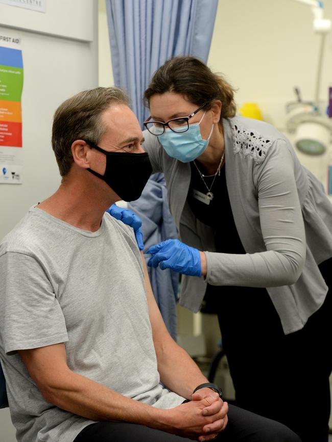 Health Minister Greg Hunt receives his Astrazenica vaccine at the Carrum Downs Respiratory Clinic. Picture: Andrew Henshaw