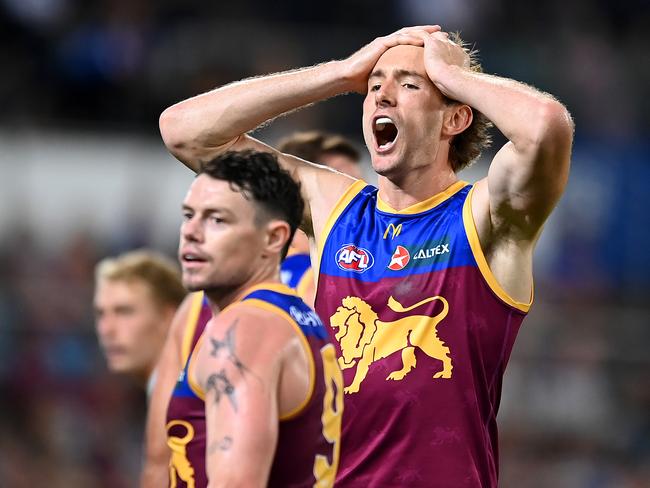 BRISBANE, AUSTRALIA - MARCH 28: Harris Andrews of the Lions  reacts to an umpiring decision during the round three AFL match between Brisbane Lions and Collingwood Magpies at The Gabba, on March 28, 2024, in Brisbane, Australia. (Photo by Albert Perez/AFL Photos via Getty Images )
