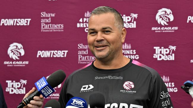 Manly Warringah Sea Eagles coach Anthony Seibold speaks tot he media before the captainÃ¢â¬â¢s run at Allegiant Stadium on Friday, March 1, 2024, in Las Vegas. (Photo by David Becker)