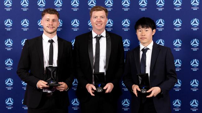 Mitchell Cross (Bankstown United), Takuma Hirano (Inner West Hawks) and Ben Van Dorssen (Newcastle Jets) were all named League Two Players of the Year. Picture: Football NSW