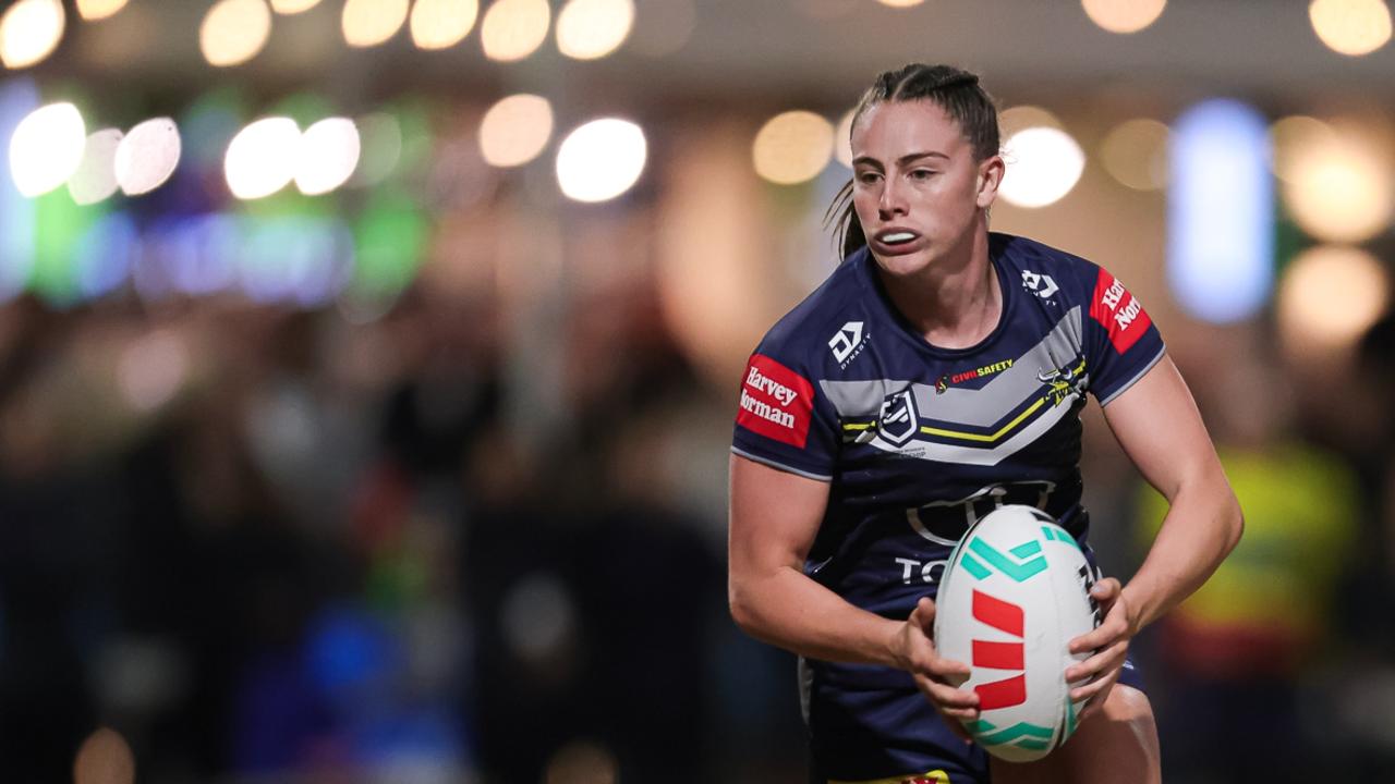 North Queensland Cowboys NRLW player Fran Goldthorp carries the ball during her team's trial match against the Gold Coast Titans last season. Picture: Alix Sweeney / Cowboys