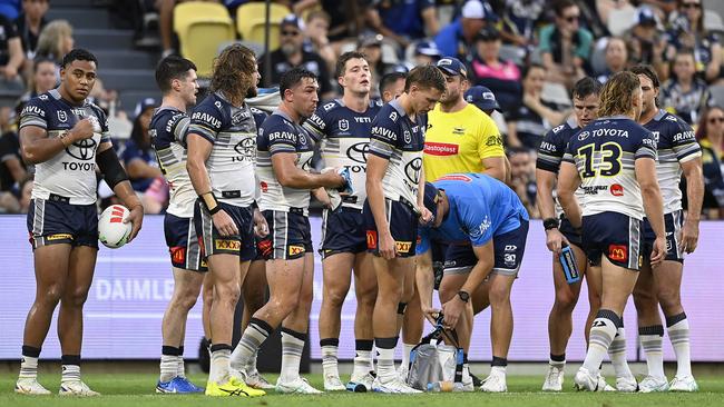 The Cowboys have got used to standing in the in-goal area watching conversion attempts from opposition teams. Picture: Ian Hitchcock/Getty Images