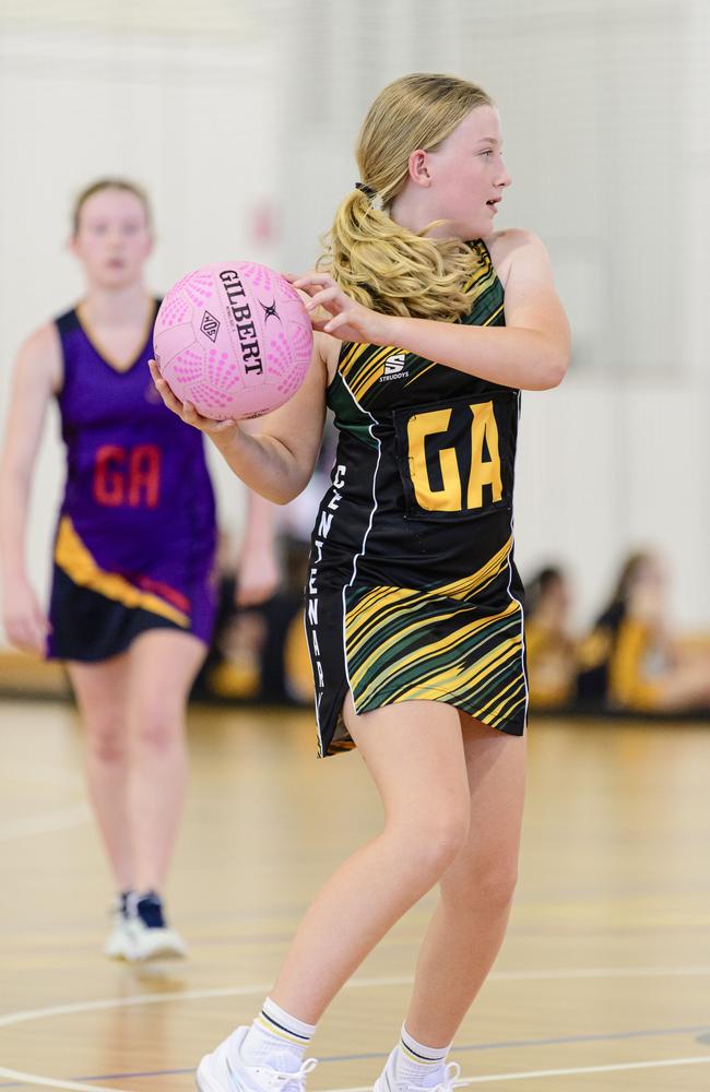 Sophie Chardon of Centenary Heights State School in the Laura Geitz Cup netball carnival at The Glennie School, Sunday, March 16, 2025. Picture: Kevin Farmer