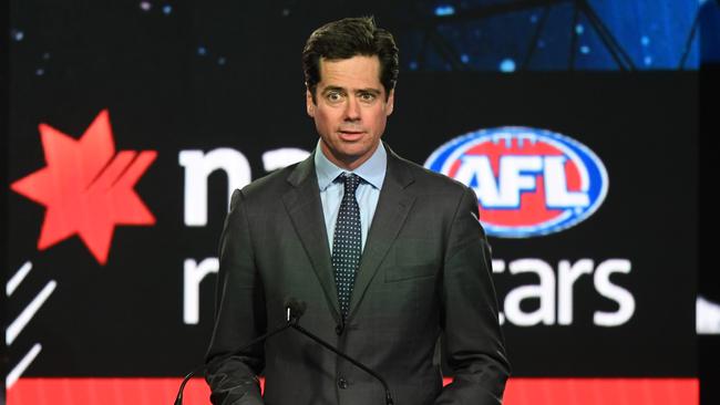 AFL CEO Gillon McLachlan addresses the crowd at the start of the 2018 AFL Draft at Marvel Stadium in Melbourne, Thursday, November 22, 2018. (AAP Image/James Ross) NO ARCHIVING