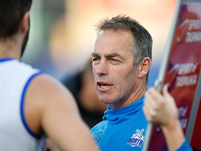 HOBART, AUSTRALIA - MAY 13: Alastair Clarkson, Senior Coach of the Kangaroos addresses his players during the 2023 AFL Round 09 match between the North Melbourne Kangaroos and the Port Adelaide Power at Blundstone Arena on May 13, 2023 in Hobart, Australia. (Photo by Dylan Burns/AFL Photos via Getty Images)