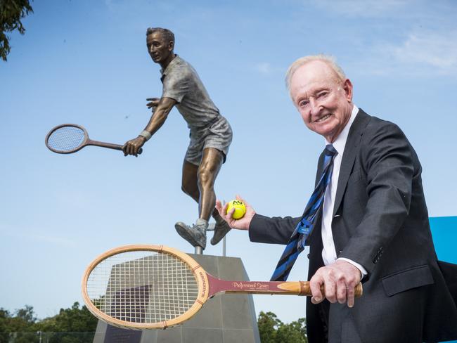 Rod Laver in front of his statue at Melbourne Park. Picture: Eugene Hyland