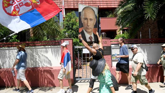 Pro-Russian supporters walk past the Polish Consulate in Sydney. Picture: Jeremy Piper