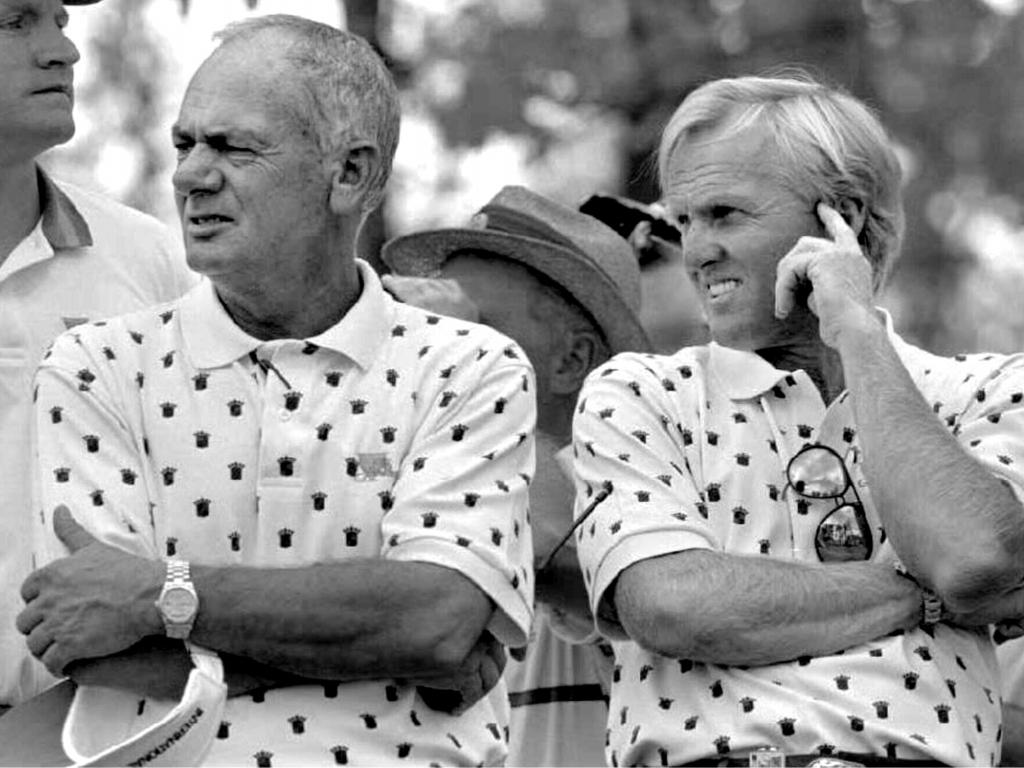 International coach David Graham &amp; Greg Norman (R) during the final round of Presidents Cup Golf Tournament at Gainesville in 1994.