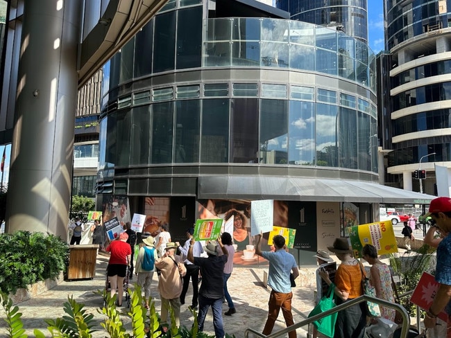 Protesters outside 1 William St on Thursday morning. Picture:Mikaela Mulveney