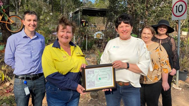 Visiting the Yarraman waste facility are (from) TRC waste services manager Matt Torr, Ability Enterprises' Lyn Mangan, Cr Nancy Sommerfield, Ability Enterprises' operations manager Marsha Schwenke and Ability Enterprises CEO Tracey Scanlan.