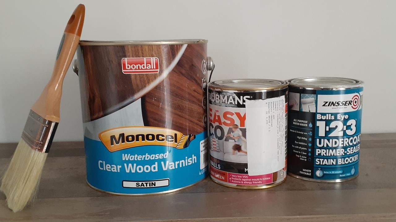 The Bunnings items Katie used to transform her table, along with sanding paper and pads, that cost her just under $250. Picture: Supplied