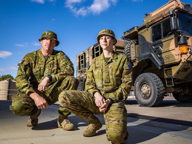 Australia Defence Force personnel Lance Corporal James and Private Cook with one of the high clearance vehicles deployed for the Murray River Floods, at the Loxton SES headquarters on December 16th, 2022.Picture: Tom Huntley