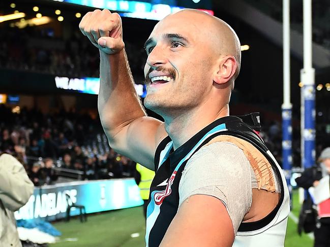 Sam Powell-Pepper celebrates the win in his 100th game. Picture: Getty Images