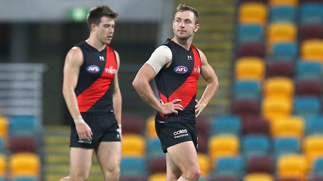 Devon Smith and Zach Merrett after the loss to Geelong. Picture: Getty