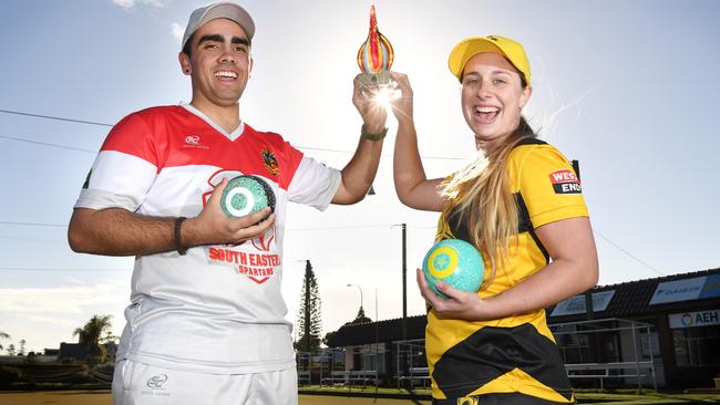 S Eastern Spartans’ Tyson Wilson with Heysen Comets’ Cassandra Harvey ahead of last year’s Bowls SA Super League grand final. Wilson and Harvey will again suit up for the Spartans and the Comets, respectively, this year. Picture: Tricia Watkinson