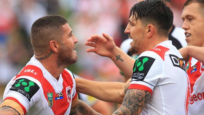 Joel Thompson celebrates a try. pic Mark Evans
