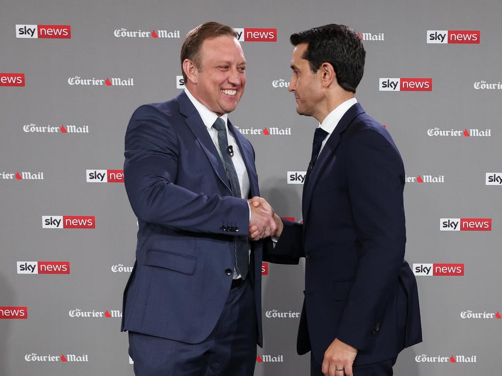 BRISBANE, AUSTRALIA - NewsWire Photos OCTOBER 22, 2024: Queensland Premier Steven Miles and Opposition Leader David Crisafulli go head to head in the final election debate in front of 100 undecided voters at Suncorp Stadium. Picture: NewsWire / POOL/ Adam Head