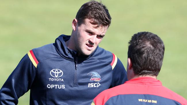 Brad Crouch talks during Crows training at West Lakes. Picture: Sarah Reed