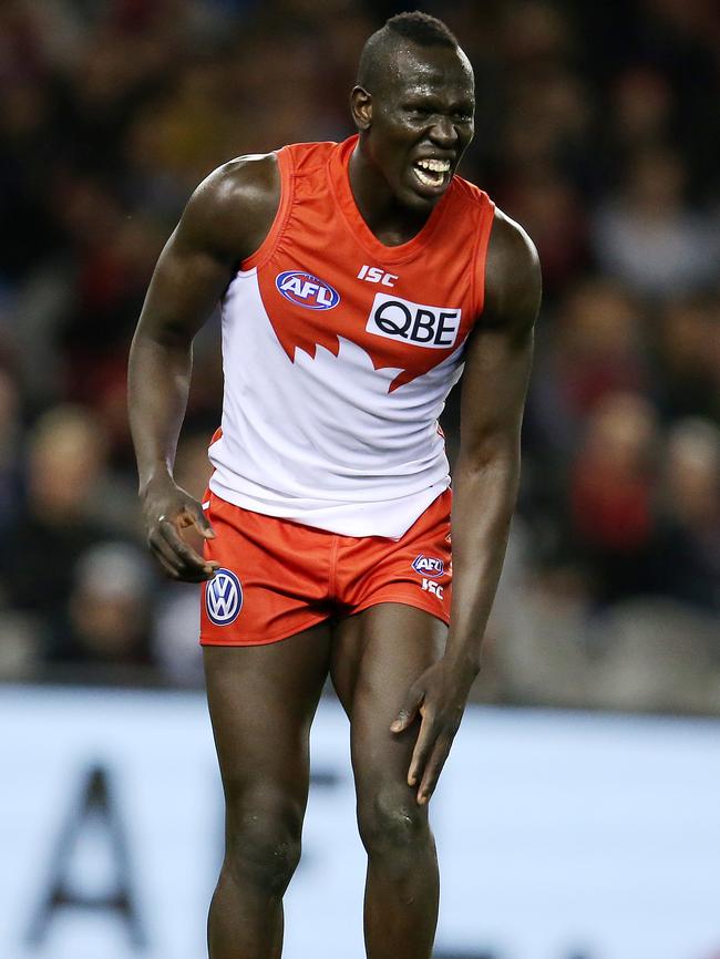 Sydney had injury concerns on the night with Aliir Aliir leaving the field with a knee problem before returning. Picture: Michael Klein