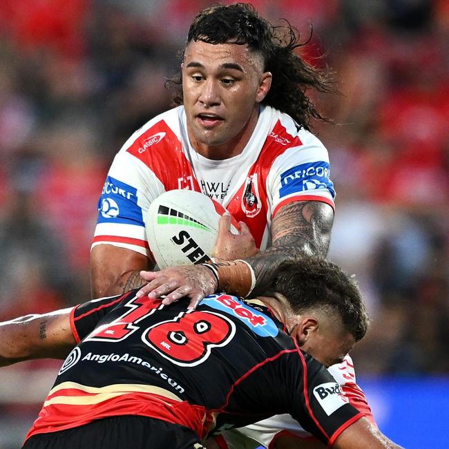 Dragons forward Jaydn Su’A is on the Maroons’ Radar. Picture: Bradley Kanaris/GettyImages