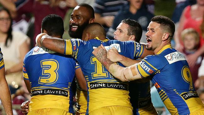 The Eels celebrate a matchwinning try to Semi Radradra in the game in question. There is no suggestion any of the players in the photo have done anything wrong. Picture: Gregg Porteous