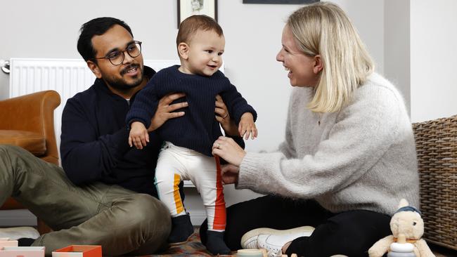 Dr Rosie Hanbury with her husband Yash Mani and their son Freddie Mani. Rosie put her son’s name down on a childcare waitlist 10 months ago and is yet to get a place. Picture: Jonathan Ng