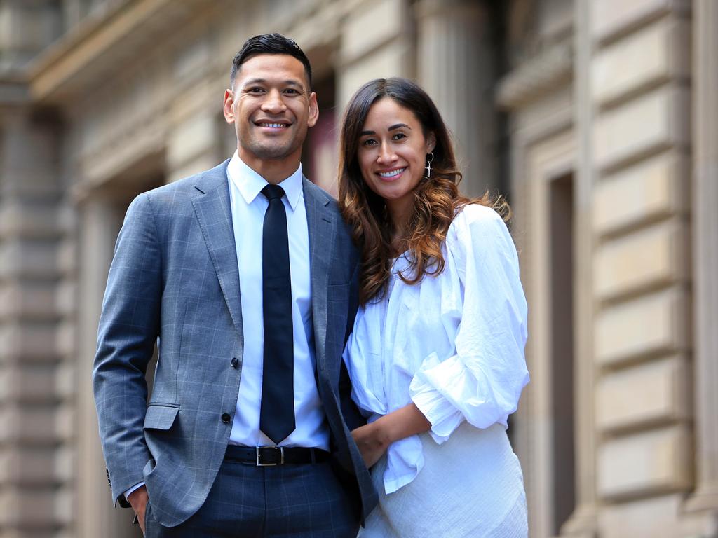 Israel Folau with his wife Maria in Melbourne on the day they settled with Rugby Australia. Picture: Aaron Francis