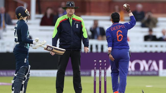 Indian bowler Deepti Sharma dismissed England tailender Charlie Dean by way of Mankad to claim victory. Picture: Getty Images