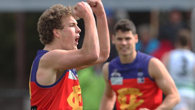 Ted Clayton celebrates a goal for Fitzroy. Picture: David Crosling