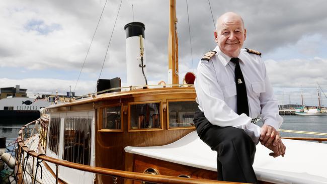 Jim Butterworth on his 1896-built steam yacht Preana, at Constitution Dock, Hobart. Picture: MATHEW FARRELL