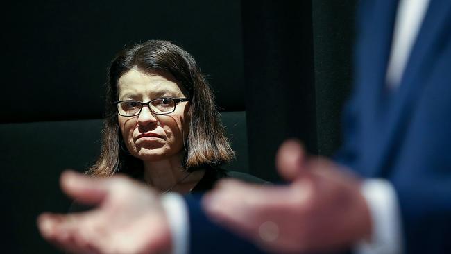 Health Minister Jenny Mikakos waiting to speak at Monday’s press conference. Picture: Ian Currie