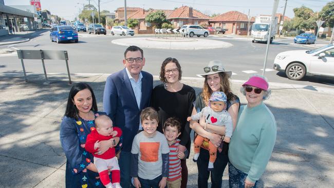 Pascoe Vale state Labor MP Lizzie Blandthorn with Premier Daniel Andrews and residents at the roundabout at Sussex and Gaffney streets in Coburg North.