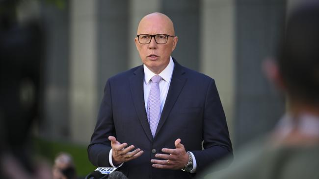 Leader of the Opposition Peter Dutton holds a press conference at Parliament House in Canberra. Picture: Martin Ollman