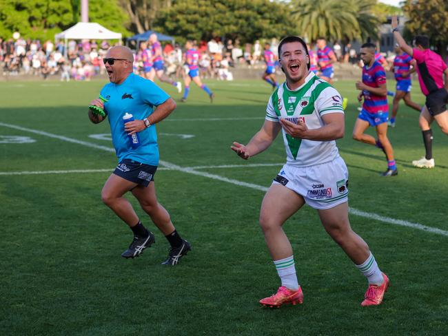 Evan Manning revving up the crowd after converting from the sideline.Picture: Adam Wrightson Photography. Souths Juniors Grand Final DaySouths Juniors Rugby League - A Grade.Grand Final.Alexandria Rovers vs Coogee Randwick WombatsRedfern Oval, Redfern, 3:40pm.8 September 2024.