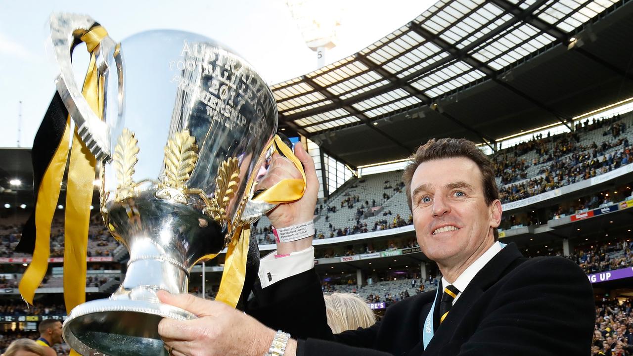 Brendon Gale holds the premiership cup aloft after the 2017 AFL Grand Final. Picture: Adam Trafford