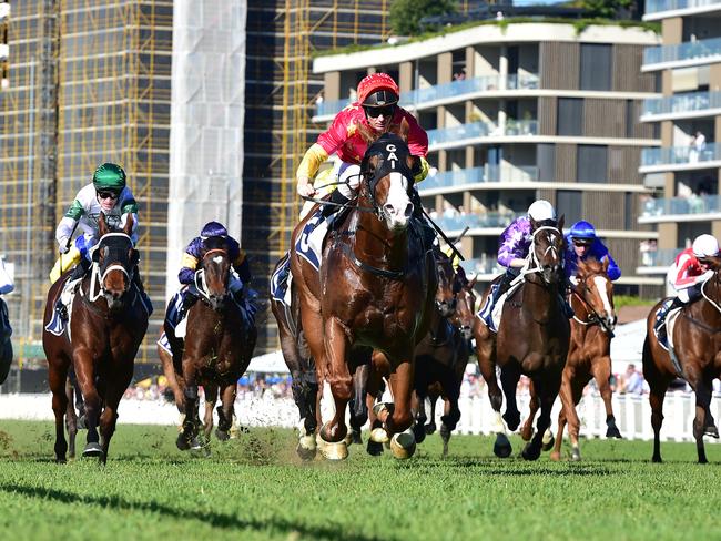 Bases Loaded wins the Gunsynd Classic at Eagle Farm for jockey Tim Clark and trainers Gai Waterhouse and Adrian Bott. Picture: Grant Peters, Trackside Photography.