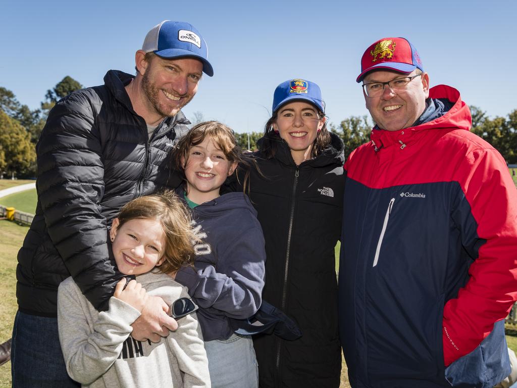 Getting behind Downlands are (from left) Jonathan Druce, Abbie Druce, Milly Druce, Peta Lynam and Glenn Gatehouse on Grammar Downlands Day at Toowoomba Grammar School, Saturday, August 19, 2023. Picture: Kevin Farmer