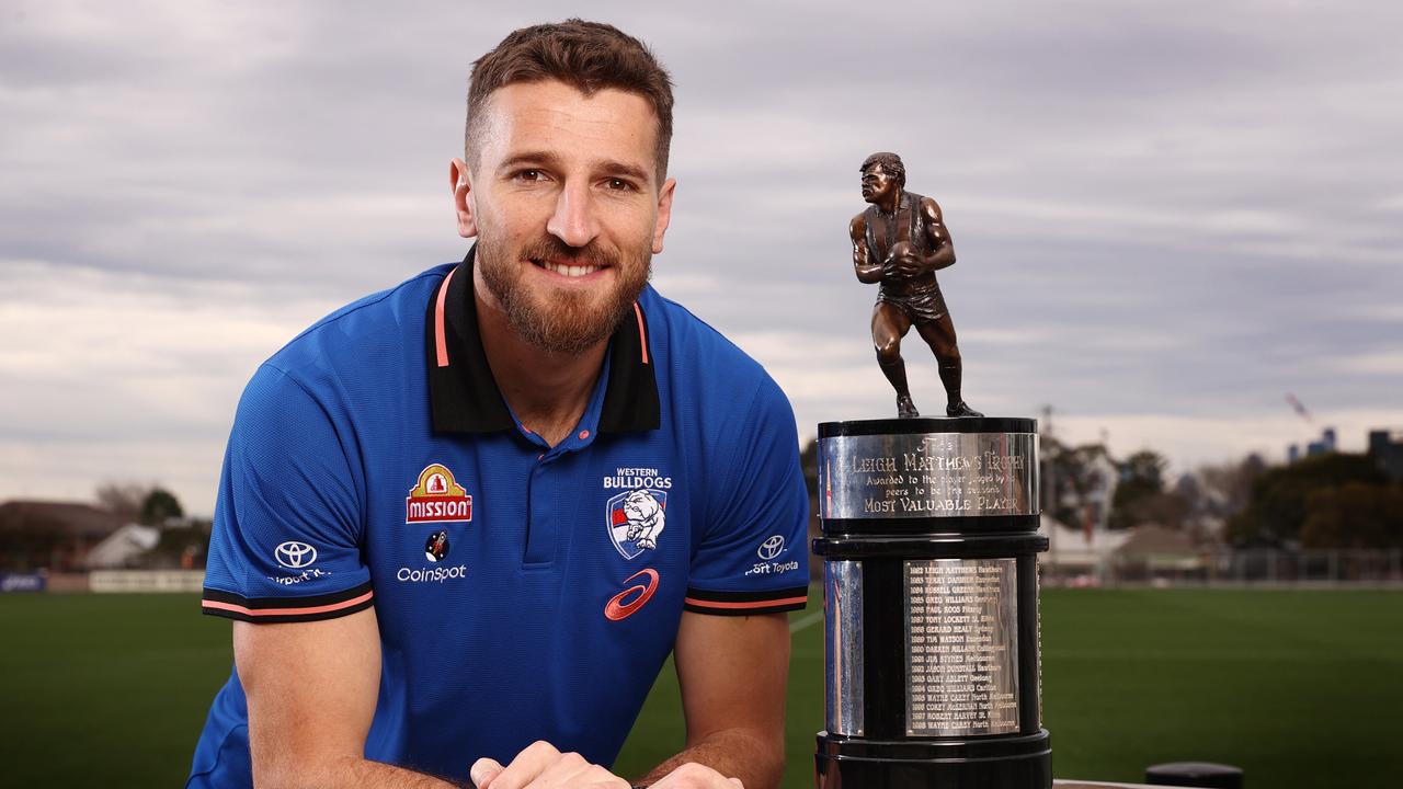 Bulldogs skipper Marcus Bontempelli with the Leigh Matthews trophy for the AFLPA Most Valuable Player. Picture: Michael Klein