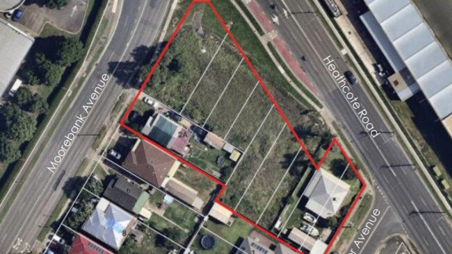 The proposed site of a childcare centre in Moorebank, located at 7-15 Heathcote Rd and 2 Moorebank Ave. Picture: Statement of Environmental Effects prepared by Mecone, image sourced from Nearmap