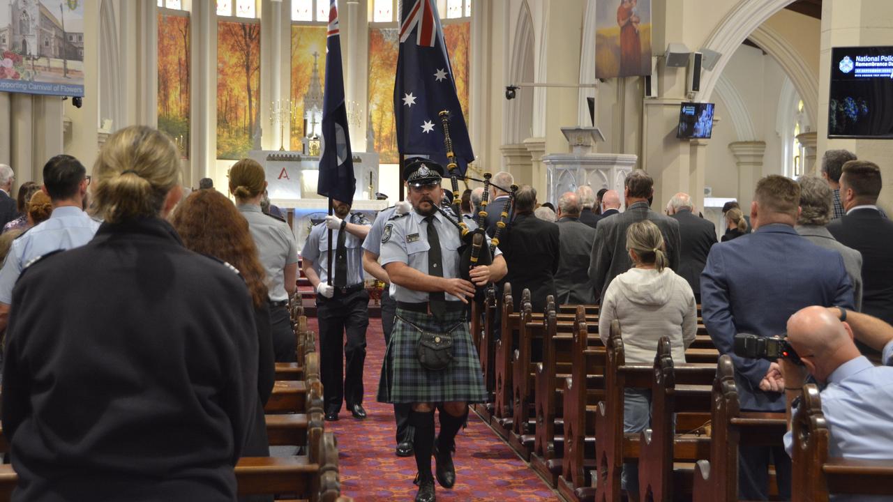 The flag and bagpipe procession featured at the National Police Remembrance Day service in St Patrick's Cathedral, Toowoomba, September 27, 2024.